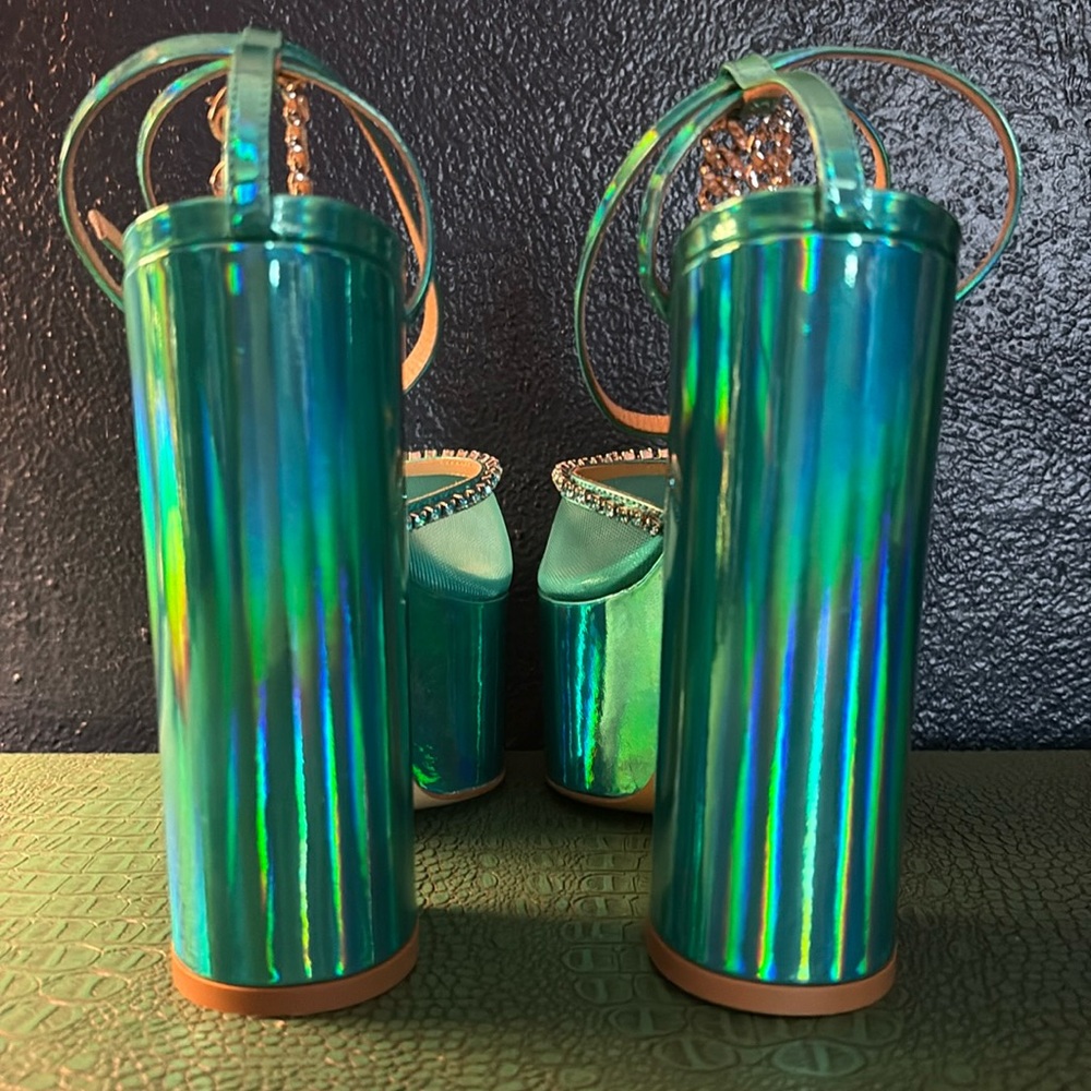 Nalebe Stellar blue iridescent 130mm platform pump with silver bling, 38 EU